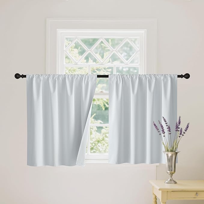 RYB HOME Mini Small 100% Blackout Curtains for Kitchen, Energy Saving Heat Blocking Half Window Curtains Drapes for Bathroom RV Car, Wide 34 x Long 36 inches, White, 2 Pcs