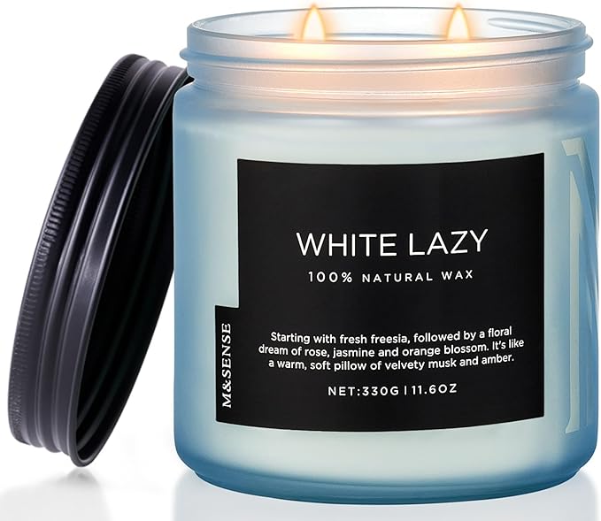 M&SENSE Jasmine & Clean Cotton Spring Scented Candle, 11.6oz Aromatherapy Gifts 2 Wick 70 Hours Long Lasting Burn, Natural Organic Soy Candle, Housewarming Gifts for Dad Mom Friends