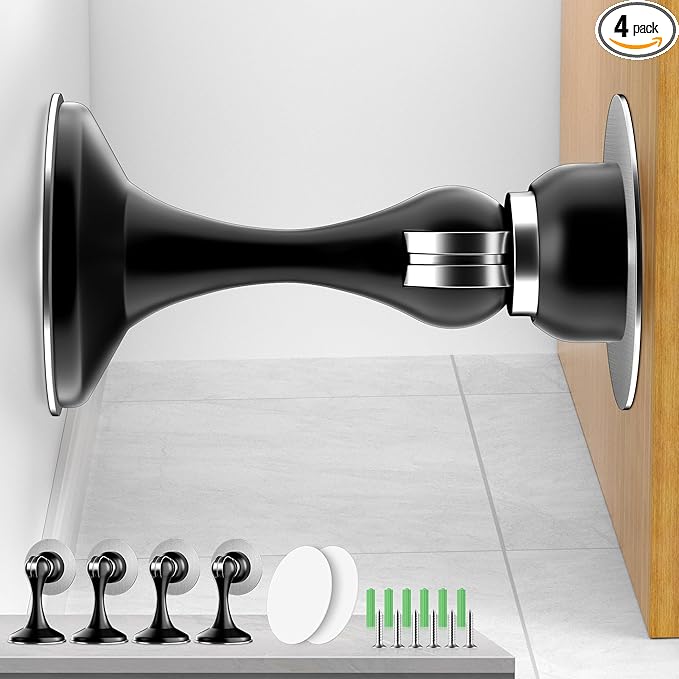 Crosize Magnetic Door Stoppers 4 Pack, Stainless Steel Door Catch for Wall and Floor Mounting, Door Holder Keep Door Open, No Drilling Door Stop with Adhesive Tapes, Black