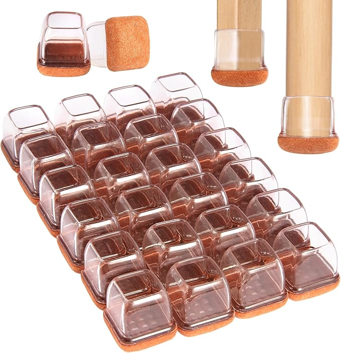 Square Chair Leg Floor Protectors Large 24Pcs,Silicone Chair Leg Protectors for Hardwood Floors/Tiles,Clear 360°Wrapped Felt Bottom to Prevent Scratch and Reduce Noise