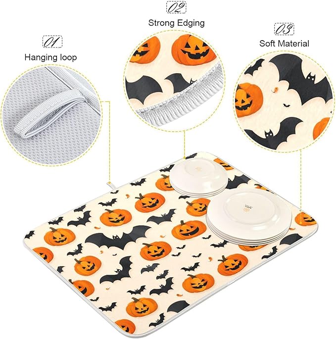 Halloween Black Bat Dish Drying Mat for Kitchen Countertop 16x18 Spooky Evil Pumpkin Lantern Small Drying Mat Reusable Quick Dry Dish Sink Mats Easy Clean Decorative Essentials