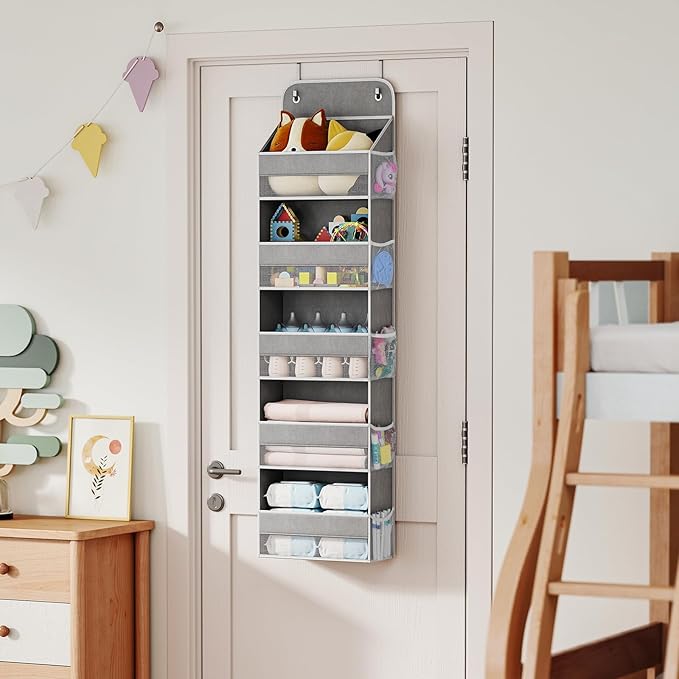 LAMU 5 Tier Over the Door Organizer Hanging, 5 Large Pockets and 10 Side Pockets Behind Door Storage for Baby Toys, 44lbs Back of Door Organizers Shelf for Closet, Nursery and Bathroom, 1 Pack (Grey)