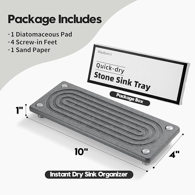 Water Absorbing Stone Sink Caddy Kitchen Sink Organizer Tray, Diatomite Bathroom Counter Tray, Faucet Drying Mat Coaster Soap Dish Rack Riser Dispenser Sponge Holder, Charcoal 10" x 4"