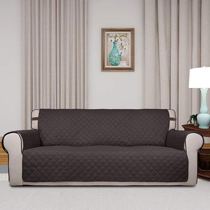 PureFit Reversible Quilted Sofa Cover, Water Resistant Slipcover Furniture Protector, Washable Couch Cover with Non Slip and Elastic Straps for Kids, Pets (Sofa, Chocolate/Chocolate)