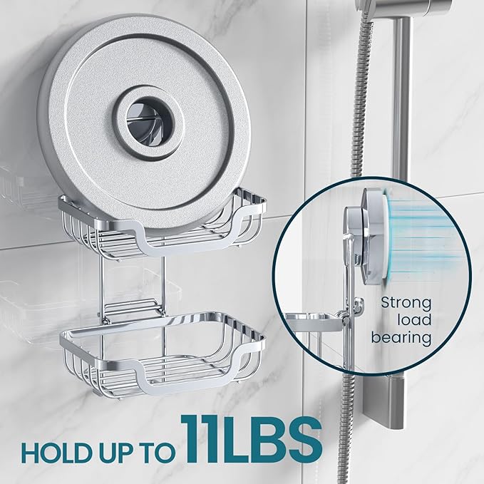 TAILI Double Layer Soap Dish Holder, Bar Soap Tray Suction Cup for Shower Wall, Draining for Bathroom, Rustproof Stainless Steel Sponge Holder for Tub, Kitchen, Drill-Free, Silver