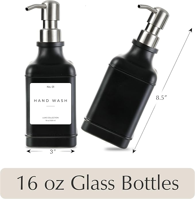 Emerson Essentials Soap Dispenser, Dish Soap Dispenser, Soap Bottle Bathroom Set, Hand Soap Farmhouse, Kitchen Soap Bottles - Glass Soap Dispenser with Pump and Labels, 16 Oz, 2 Pack