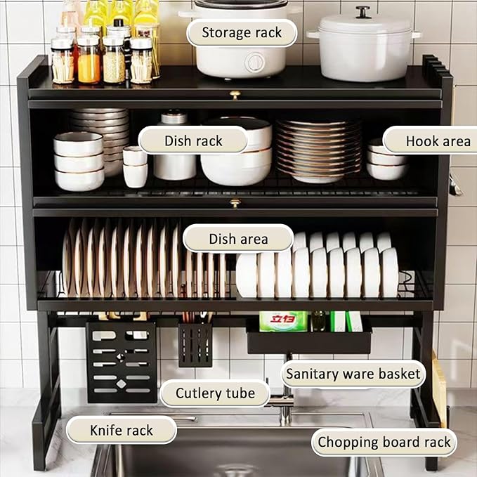 Dish Drying Rack 4 Tiers with Cover, Keep Kitchen Sink Shlef Organized Space-Saving Dish Drying Rack, Large Drying Rack for Dishes, Glasses, Bowls, Cutlery (Black, W-25.6)