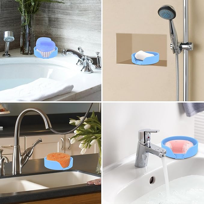 Self Draining Soap Dish, Silicone Suction Cup Soap Holder Tray Savers Container Sponge Holder for Bar Bathroom Shower Kitchen Sink, Can Extend Soap Life (1, Sky)