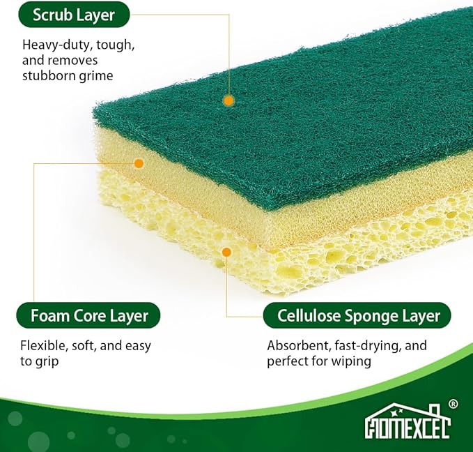 HOMEXCEL Sponges Kitchen 12pcs, Heavy Duty Sponges for Dishes, Scrub Cleaning Sponge for Non-Coated Cookware, Dishes, Pots, Pans, Dual Sided Dish Sponge for Kitchen, Household, Bathroom and More