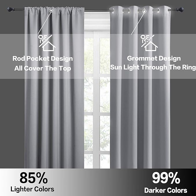 RYB HOME Curtains for Bedroom 72 inches Long, Blackout Thermal Insulating Window Treatment Drapes for Living Room Bathroom Basement Laundry Classroom, W 34 x L 72, Silver Grey, 2 Panels