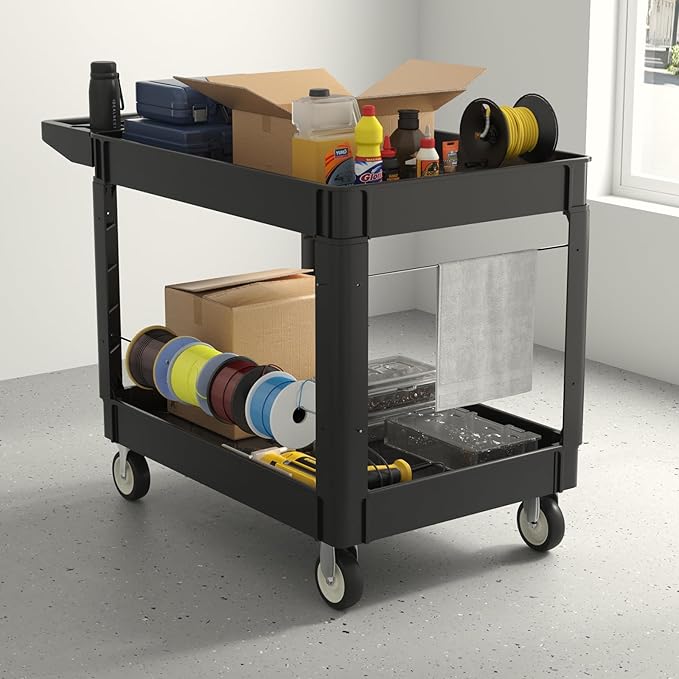 Utility Cart on Wheels, 1000 lbs Capacity Rolling Service Cart, 45 x 25 Inch Work Carts, 2 Shelf Heavy Duty Plastic Tool Cart, Lipped Shelves, for Warehouse, Garage, Cleaning, Black
