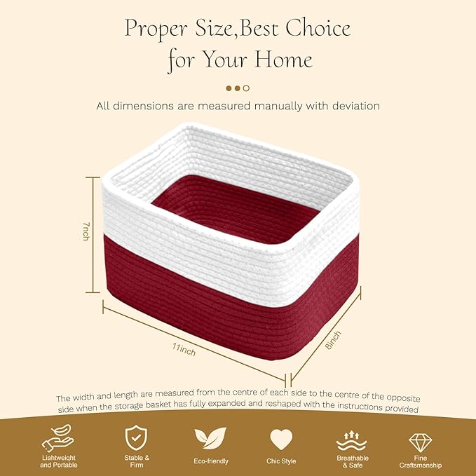 Hopegiver Woven Storage Baskets 11x8x7 Inch, 3 Pack Collapsible Cube Storage Bin for Shelves - Foldable Cotton Rope Organizer Bins for Towels, Toys, Books, Closet, Nursery (White Red)