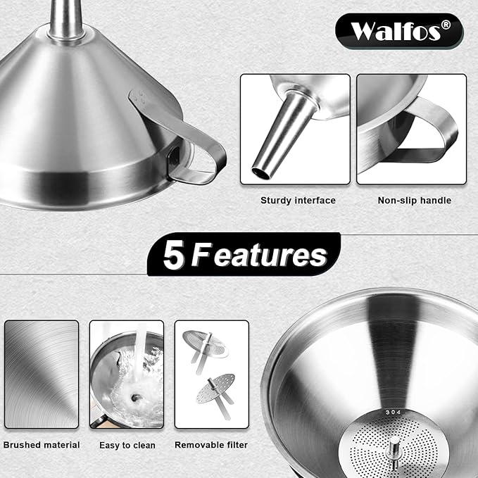Walfos Extra Large Stainless Steel Funnel with Venting Slot, Kitchen Funnel with 2 Removable Strainer ＆ 1Pc Cleaning Brush, Perfect for Transferring Liquid, Oils, Jam, Dry Ingredients (Jumbo, 7.9")