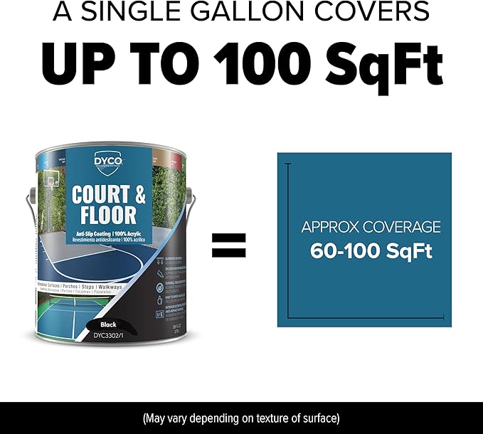 DYCO Court & Floor Anti-Slip Coating - Slip-Resistant Pavement, Cement & Concrete Paint for Pickleball, Tennis & Basketball Courts, Exceeds ADA Standards for Safety Areas (Black, 1 Gallon)