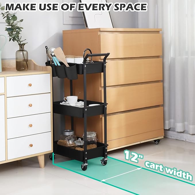 3-Tier Utility Rolling Cart,Mobile Utility Cart with Lockable Caster Wheels,Storage Shelves Organizer Cart, 3 Hanging Baskets, Easy Assembly,for Bathroom, Kitchen, Office, Workshop