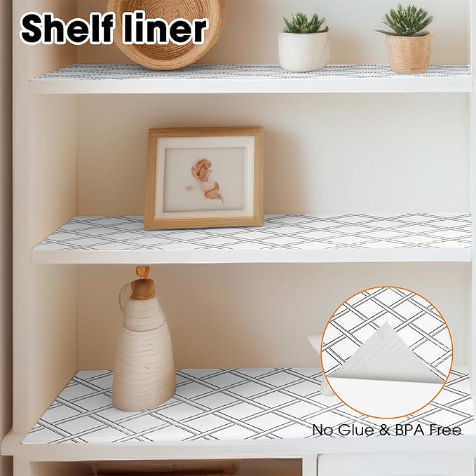 Drawer and Shelf Liner for Kitchen Cabinets Non-Adhesive Cabinet Liners for Shelves Strong Grip Non Slip Waterproof Cupboard Liner for Dresser Refrigerator, Bathroom,Geometric,17.5IN X 10FT