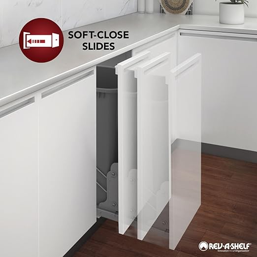Rev-A-Shelf Double Pullout Trash for Full Height Kitchen Cabinets 50 Quart 12.5 Gallon with Soft-Close Slides, Metallic Silver, 53WC-2150SCDM-217