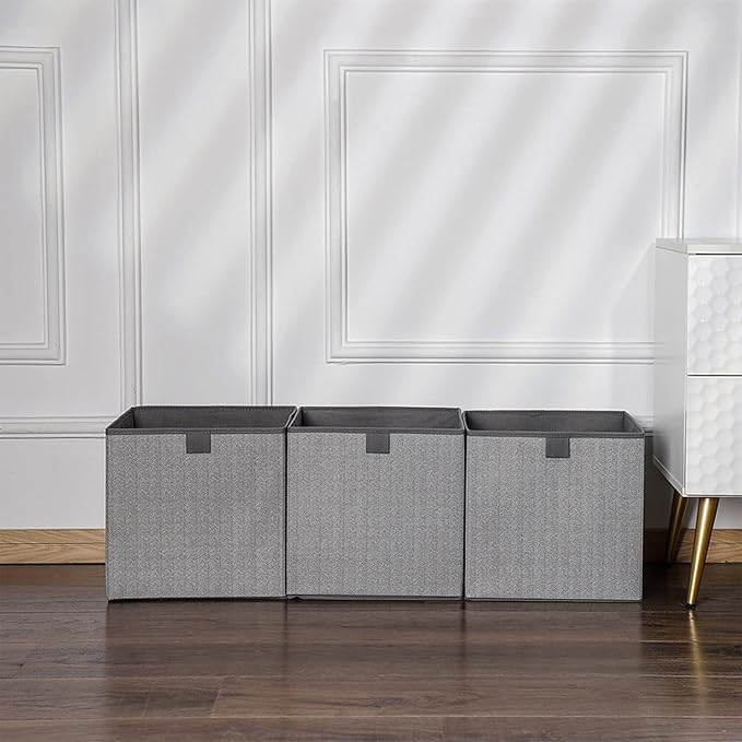 Storage Baskets, 11.8-Inch Woven Fabric Bins, Storage Cubes with Reinforced Handles, Organizer Bins for Closet Shelves, Foldable, for Toys, Clothes, Natural Beige (4PCS/Grey-11.8*11.8*11.8inch)