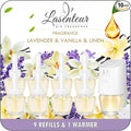 Plug-in Air Freshener Starter Kit, 1 Warmer and 9 Essential Oil Refills, Lavender, Vanilla, Linen Scent for Home, Bathroom and Office, Compatible with Air Wick and Glade Air Fresheners