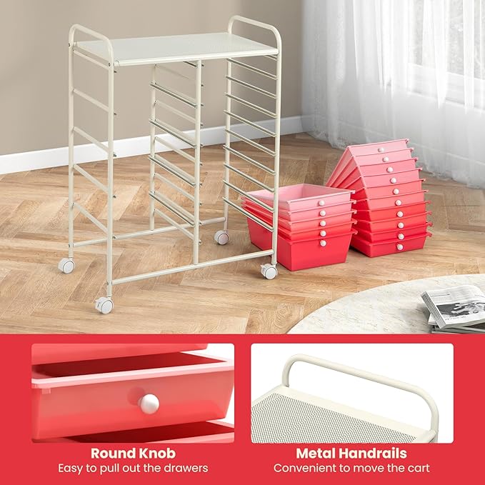 GOFLAME 15-Drawer Rolling Storage Cart, Multipurpose Movable Organizer Cart, Utility Cart for Home, Office, School, Pink