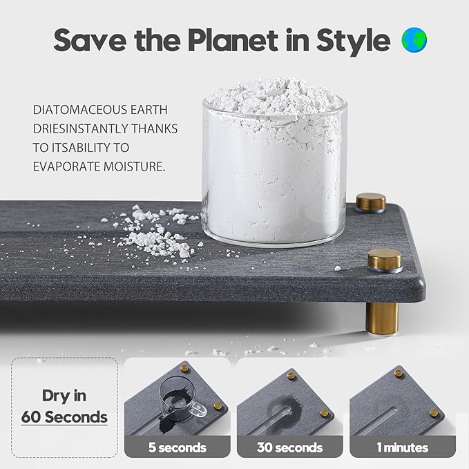 Kitchen Sink Caddy Water Absorbing Stone Drying Tray, Diatomite Bathroom Sink Organizer, Faucet Counter Mat Coaster, Soap Dish Rack Riser Dispenser Sponge Holder, Dark Gray Gold -12.5" x 4.5"