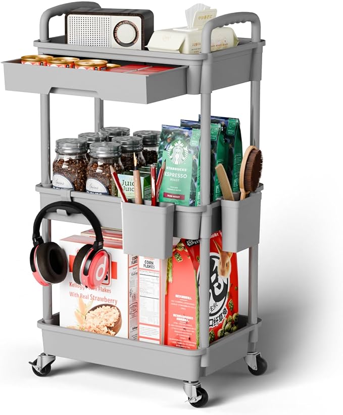 3 Tier Rolling Cart Organizer,Laundry Room Bathroom Organizers and Storage Office Shelves Mobile Shelving Unit Kitchen Trolley Cart with Wheels for Art,Craft,Diaper,Bedside,Snack(Grey)