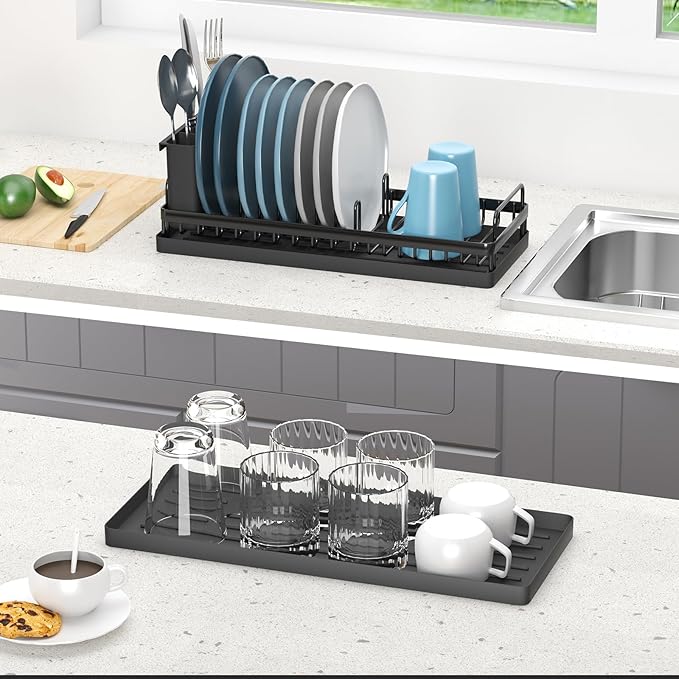 Small Dish Drying Rack, Compact Sink Dish Drainer Plate Organizer with Utensil Holder and 2pcs Silicone Drying Mats for Kitchen Counter, RVs, Apartments