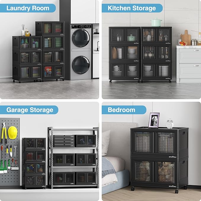 BROVIEW 400 Qt Stackable Storage Bins with Lids & Doors, 4 Pack Plastic Closet Organizer and Storages Drawers with Wheels, Large Collapsible Storages Boxes, Cabinet for Home, Office, V10, Black