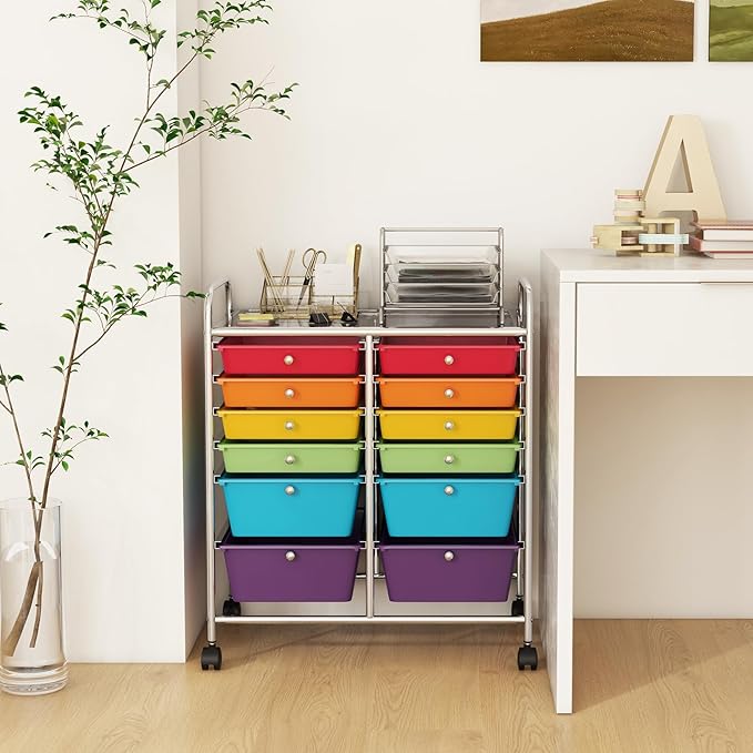 GOFLAME 12-Drawer Rolling Storage Cart, Multipurpose Organizer Cart with 2 Sizes Plastic Drawers, Mobile Utility Cart with Lockable Casters for School, Home Office, Beauty Salon, Multicolored