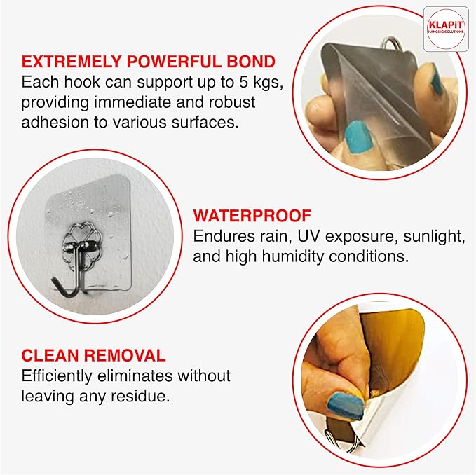 KLAPiT Super Hook - Heavy-Duty Adhesive Gold Wall Hooks, Holds Up to 11 lbs, Waterproof, No Damage, Easy Install on Tile, Wood, Stone, Glass & Metal - Made of Steel (Gold, 4pc)
