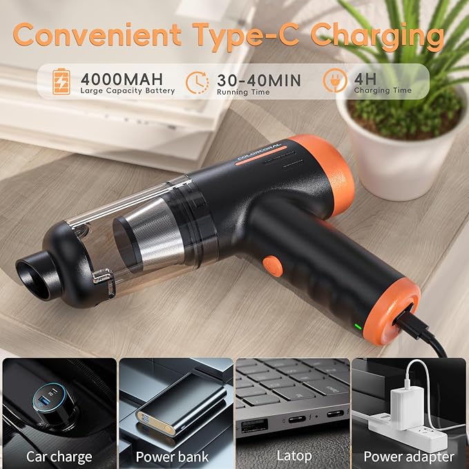 COLORCORAL Handheld Vacuum Cordless Rechargeable 16000Pa High Power Car Vacuum Portable with Brushless Motor, 4 in 1 Portable Vacuum Cleaner with Cleaning Gel for Home, Car and Office