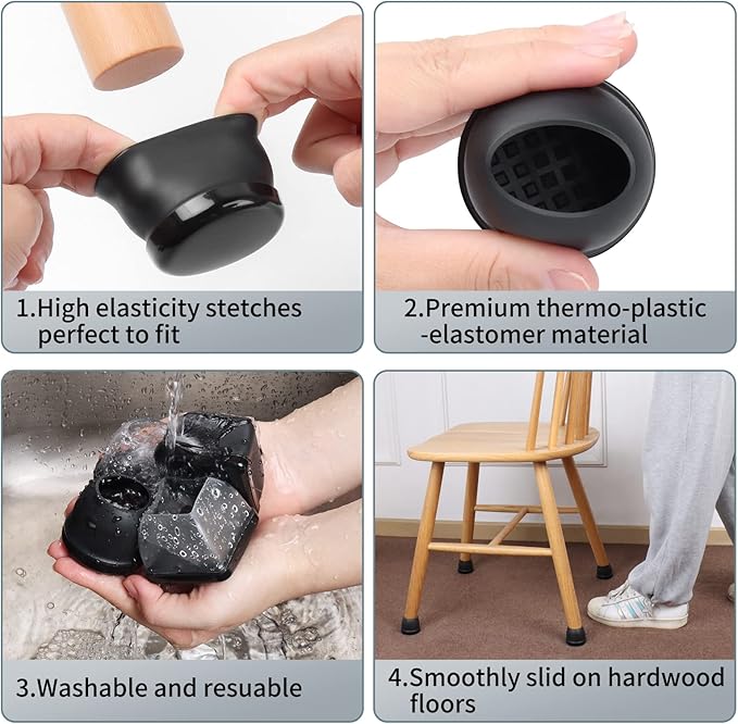 Ezprotekt 24 Pcs Large Black Chair Leg Sliders for Carpet, Round Chair Glides for Rug, Teflon Furniture Pad Bar Stool Leg Protectors Caps to Slide Smooth (XL Fit: 1-2/5" to 1-13/20")