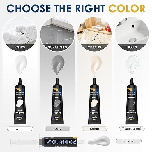 Quartz Countertop Repair Kit, Granite & Marble Repair Kit with 4*15g Filler(White,Beige, Gray,Clear), 30s Fast Repair Chip, Hole, Scratch, Crack on Fiberglass, Porcelain, Ceramic Tile, Bath Tub, Sink