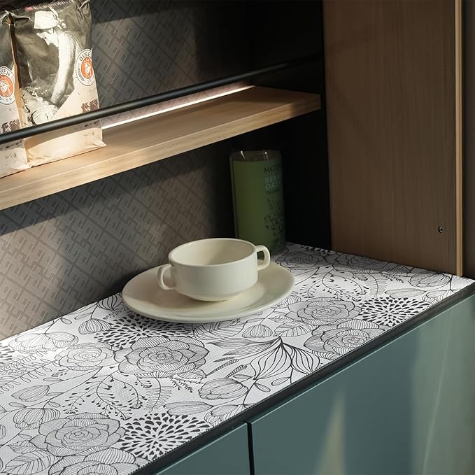 Floral Drawer and Shelf Liner for Kitchen 16IN x 10FT, Non-Adhesive and Strong Non-Slip Cabinet Drawer Liners, Waterproof Thickened Shelf Liner,Easy to Clean,Black and White