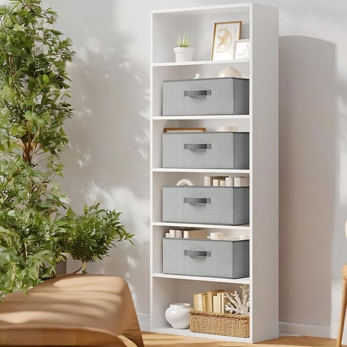 Storage Baskets, 15.7 Inch Woven Fabric Bins, Storage Cubes with Reinforced Handles, Organizer Bins for Closet Shelves, Foldable, for Toys, Clothes, Natural Beige (4PCS/Grey-15.7*11*7.8inch)