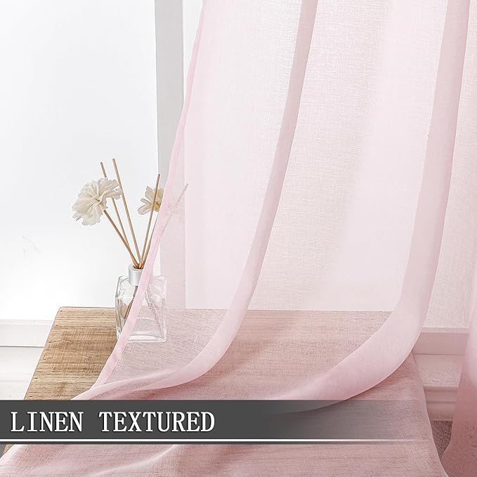 Tollpiz Short Sheer Curtain Living Room Linen Textured Curtains Sheer Light Filtering Voile Rod Pocket Curtain for Bedroom, 38 x 54 inches Long, Pink, Set of 2 Panels