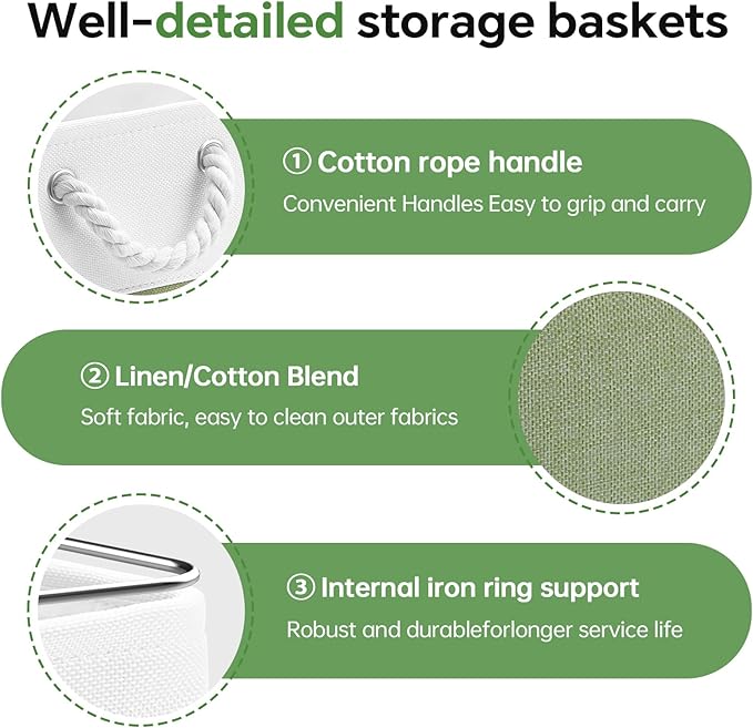 13x13 Inch Cube Storage Bins with Reinforced Bottom Cardboard, 6 Pack Large Collapsible Fabric Storage Cubes with Handles for Shelf, Closet, Toy, Laundry Organization (White&Green)