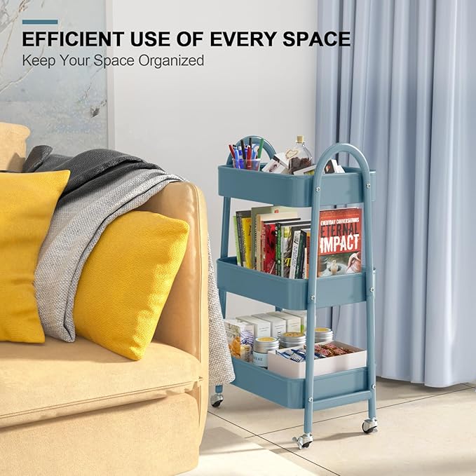 3 Tier Utility Rolling Cart, EAGMAK Metal Storage Cart with Handle and Lockable Wheels, Multifunctional Storage Organizer Trolley with Mesh Baskets for Kitchen, Living Room, Office, Garage (Blue)