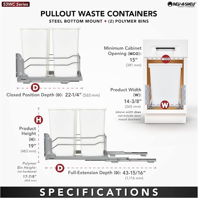 Rev-A-Shelf Double Trash Can Under Kitchen Cabinets Pullout, 35 Quart 8.75 Gallon with Soft-Close Slides, White, 53WC-1835SCDM-211