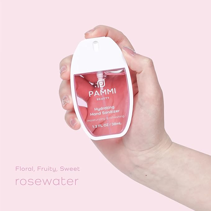 PAMMI Power Mist Hydrating Hand Sanitizer Spray, Portable Travel Size Pocket Hand Sanitizer, Scented Handsanitizer Mini Spray For Car - 600 Sprays (4 Packs (2 Rose and 2 Guava))