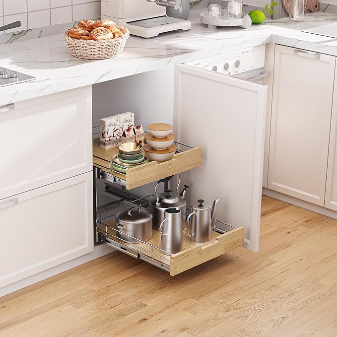 Pull Out Cabinet Organizer,Heavy-Duty Slide Out Shelf, Wood and Wire Basket, Pull Out Drawer for for Kitchen Under Sink Space, Pantry, Bathroom, 2 Tie 11 * 21 in