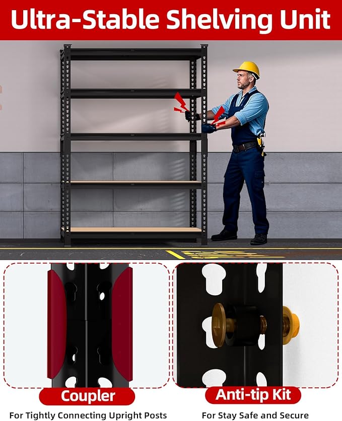 PrimeZone 35.5" x 12" x 72" Heavy Duty Storage Shelves - 5 Tier Adjustable Garage Storage Shelving, Metal Storage Utility Rack Shelf Unit for Warehouse Pantry Closet Kitchen, Black, 3 Pack