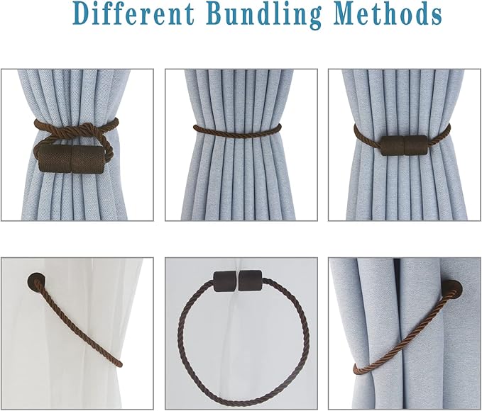 Magnetic Curtain Tiebacks 6 Pack Coffee Curtain Rope Tieback Curtain Holders for Drapes Modern Tie Backs Decorative Curtain Holdbacks