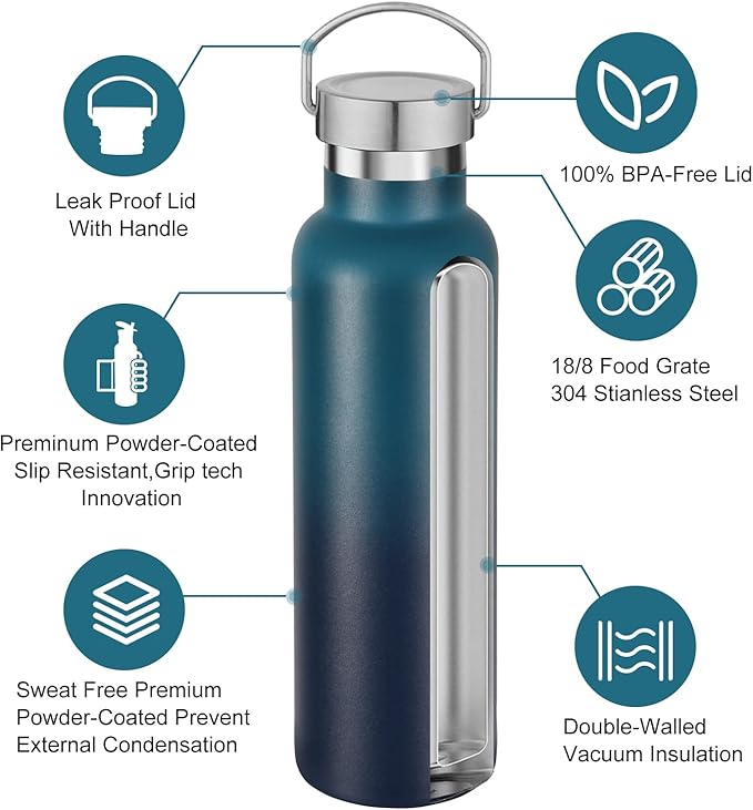 Neihepal 20 oz Insulated Water Bottles Bulk 2 Pack,Stainless Steel Double Wall Sport Bottle with Lid of Handle,Metal Reusable Thermoses Flask for School,Cyclists,Hikers,Gift (Dark Night,Set of 2)