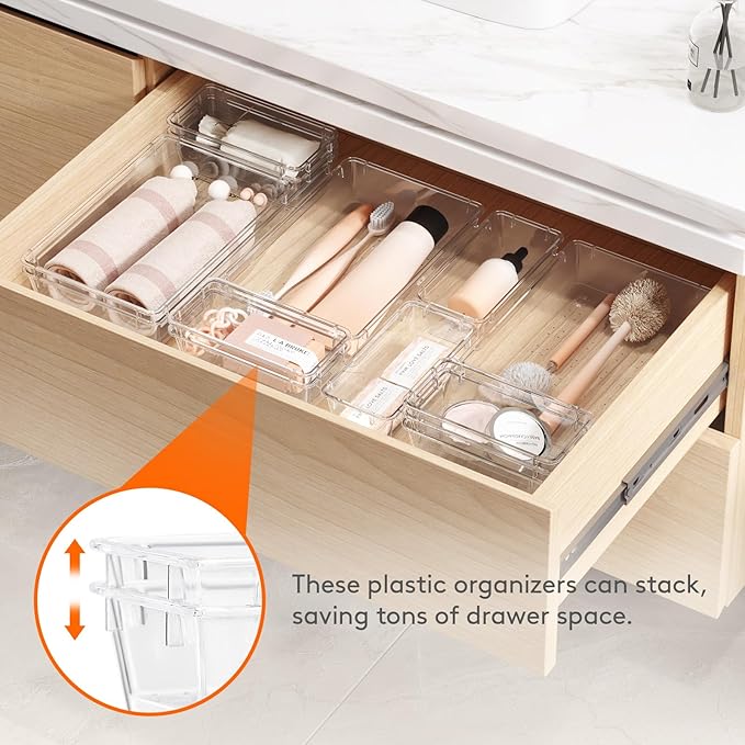 Lifewit 15 Pcs Large Bathroom Drawer Organizers, 3 Sizes Clear Plastic Storage Organizer Trays for Make Up, Kitchen Utensils, Vanity Accessories in Bathroom/Office/Dresser Organization