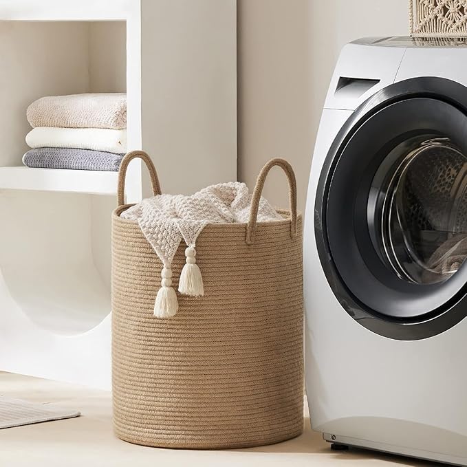 Jute Rope Woven Laundry Hamper Basket by YOUDENOVA, 72L Tall Luandry Basket, Baby Nursery Hamper for Blanket Storage in Bedroom-Large-Jute