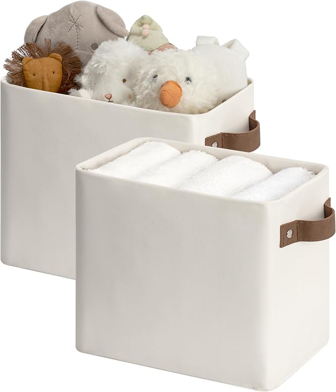 StorageWorks Narrow Storage Bins, Small Basket for Closet and Shelves, Rectangular Fabric Organizer with Handles, Toilet Paper Storage, Beige, 2-Pack