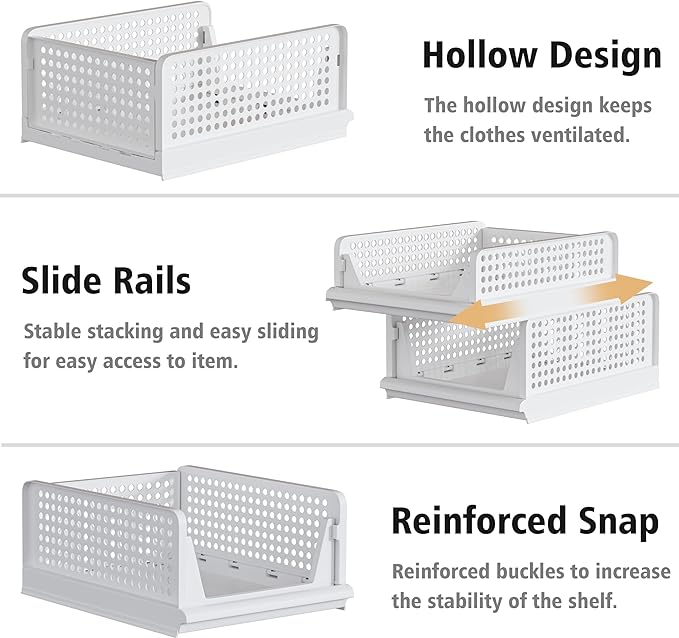 Proarea 5 Pack Stackable Plastic Storage Basket Closet Organizer Bin Foldable Clothes Organizer Storage Drawer Shelf Container for Living room Bathroom Kitchen Office (3L+2S)