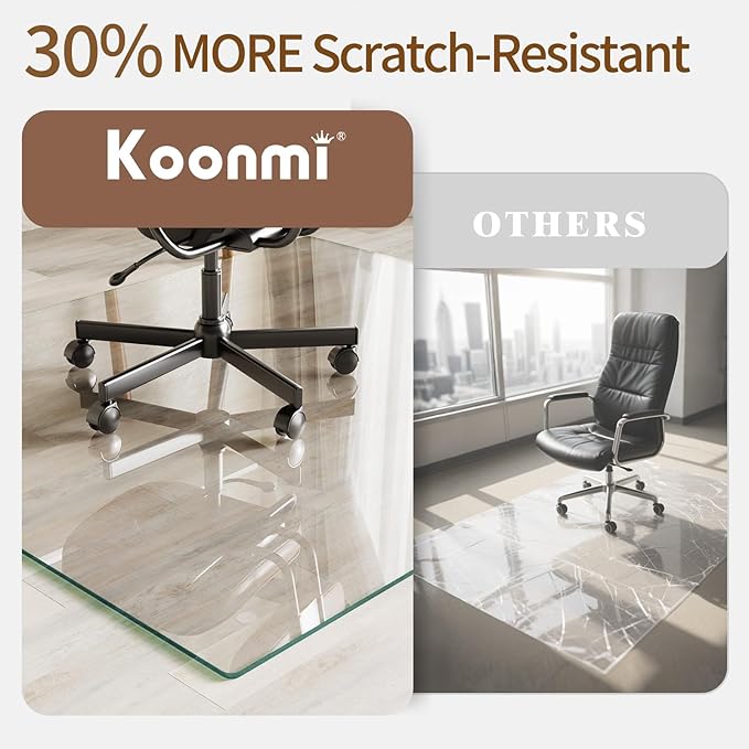Koonmi Tempered Glass Chair Mat 60"x46" - Premium Office Chair Mat for Hardwood Floors & Low-Pile Carpet with 4 Non-Slip Pads - Thick Scratch-Resistant Surface