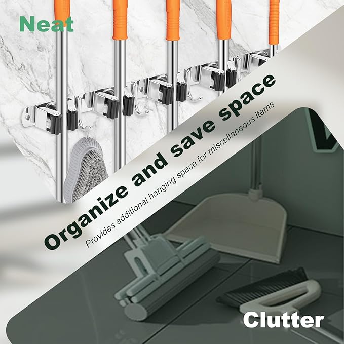 3Pcs 5 Racks 4 Hooks Stainless Steel Broom Mop Holder Anti Slip Wall Mount Broom Storage Rack Strong Load Bearing Waterproof Mop Broom Organizer for Bathroom Kitchen Garage
